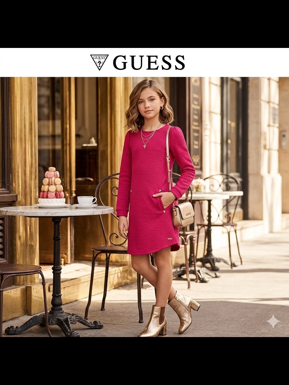 GUESS Girls' Fuchsia Textured Long-Sleeve A-Line Dress